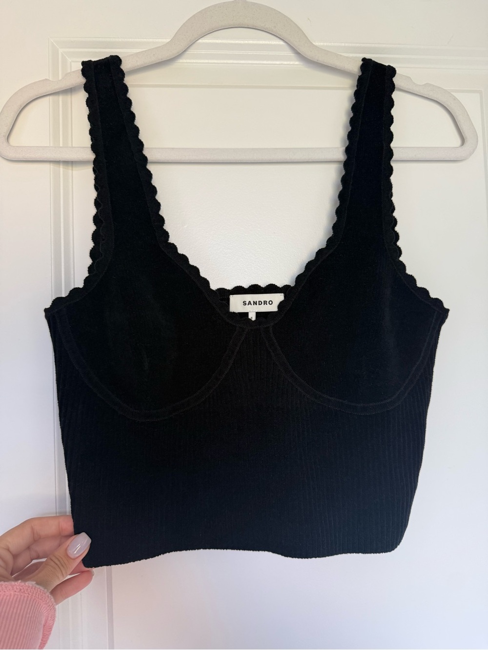 Like New Sandro Black Scalloped Ribbed Knit Crop Top Size 3